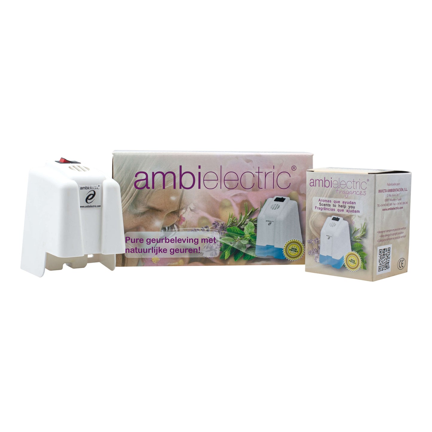 Automatische aroma diffuser Blue van Ambielectric met complete kit en navulling, ideaal voor grote ruimtes zonder water of vlammen.