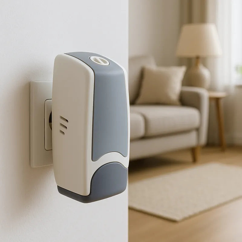 Stopcontact geurverspreider kit met Magic Neutralizer in moderne woonkamer. Compacte elektrische diffuser voor effectieve geurverwijdering tot 200 m³.