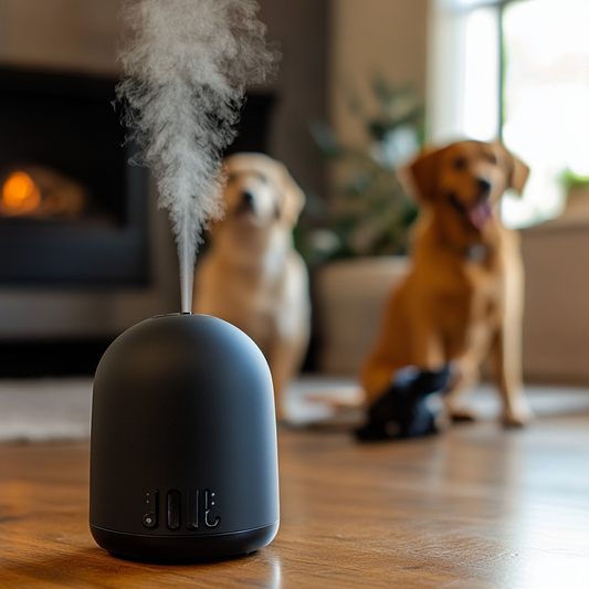 Zwarte aroma diffuser die stoom uitstraalt met twee honden op de achtergrond in een woonkamer